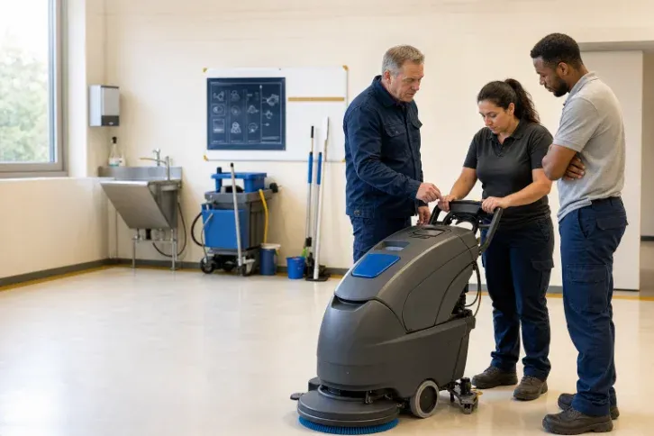 Praktijkinstructie met een schoonmaakmachine